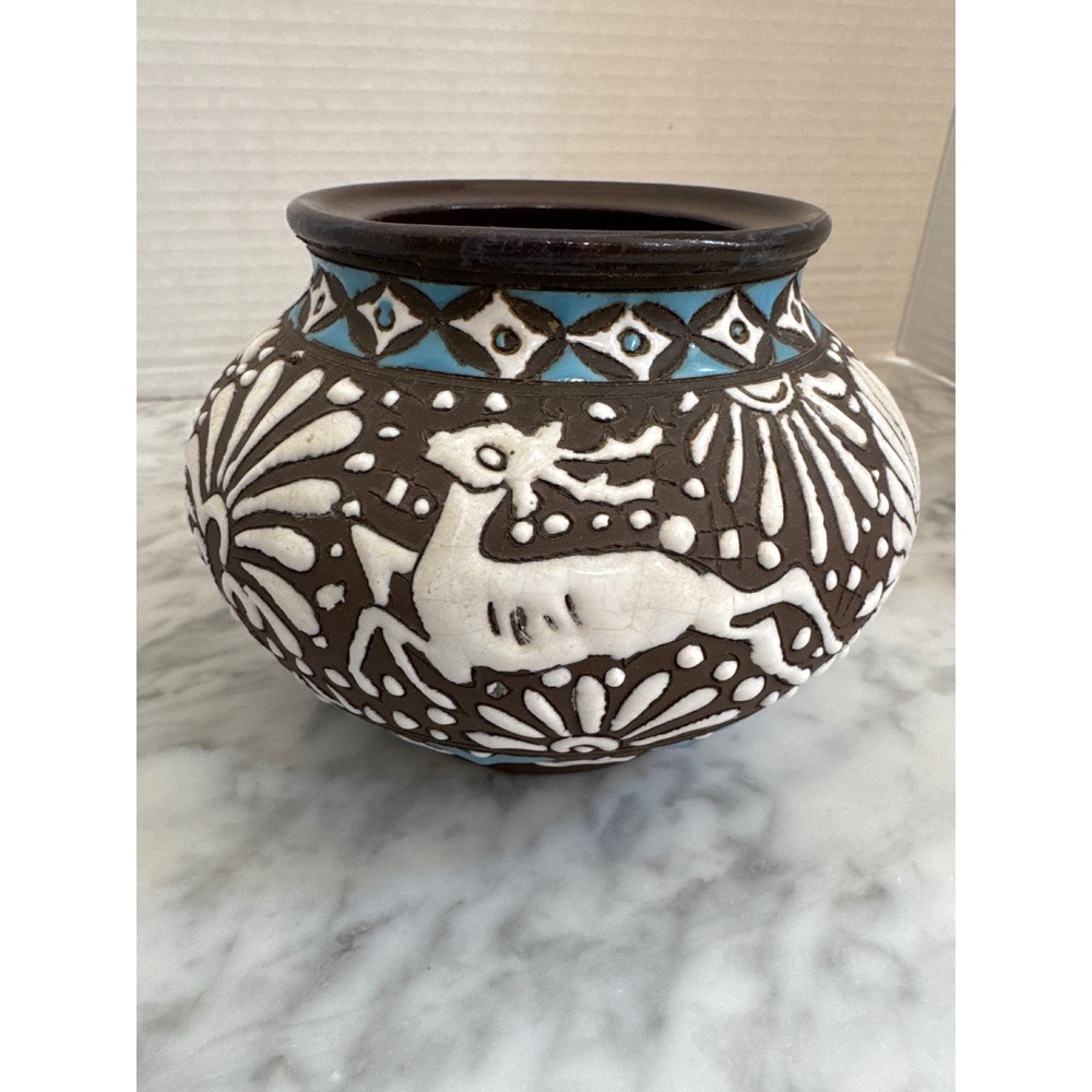 Neofitou Keramik Rhodes Greece Hand Painted Deer Pottery Vase Brown Blue White